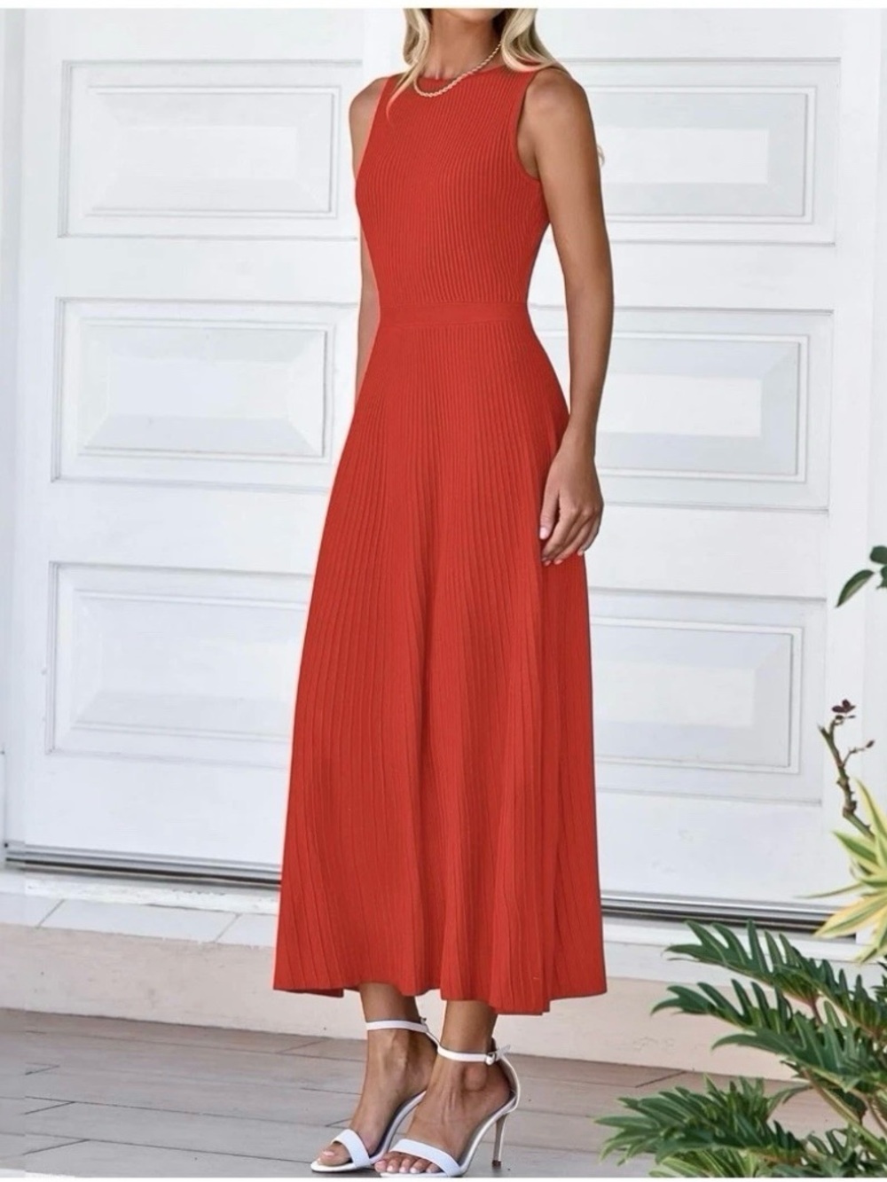 Sleeveless Red Pleated Midi Dress
